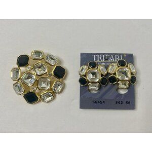 Signed Trifari Brooch & Clip On Earring‎ Lot Black White/Clear Gold Tone Vintage